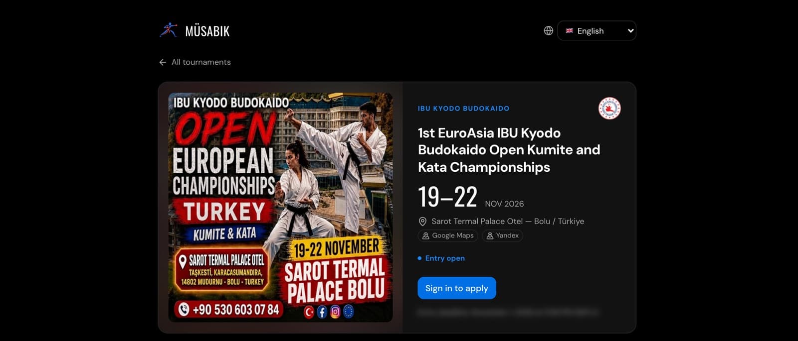 Tournament page with Sign in to apply