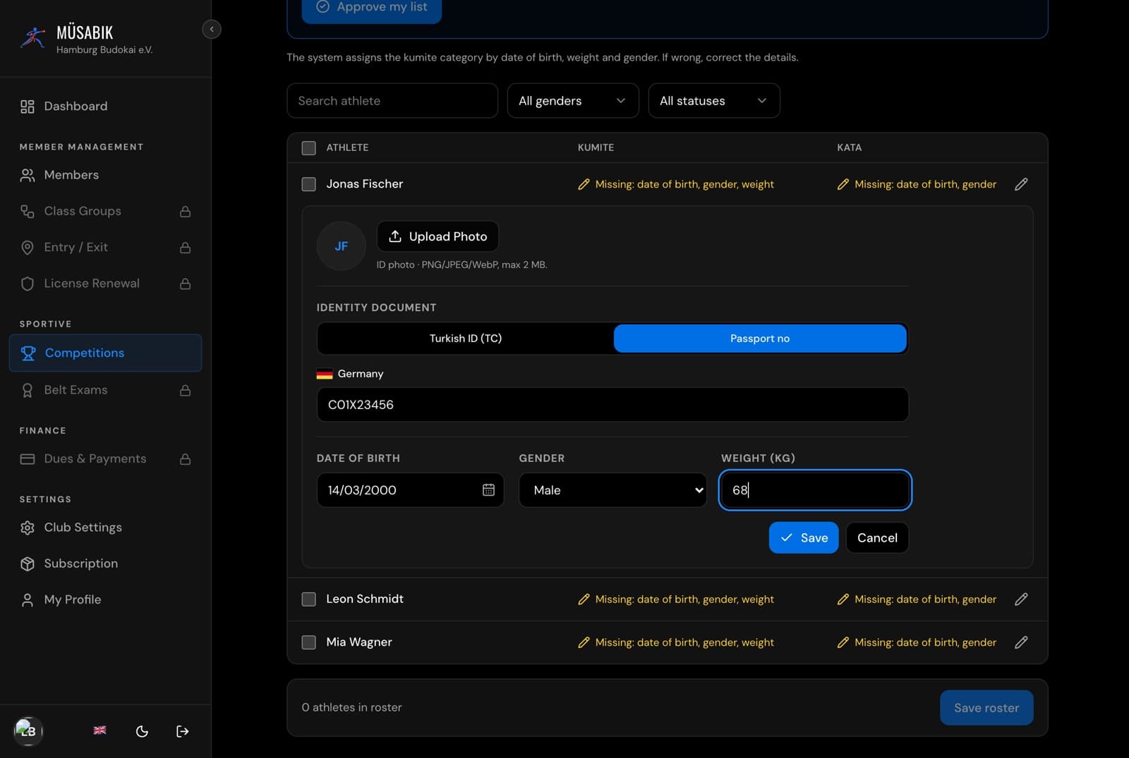 Athlete details on the Athletes tab