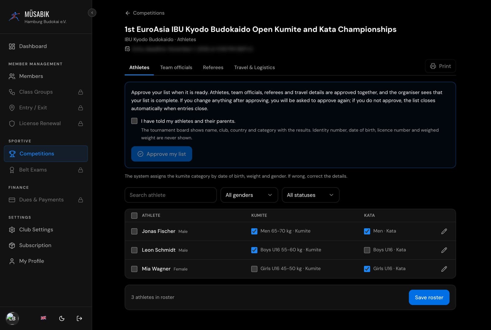 Disciplines ticked with the matching categories