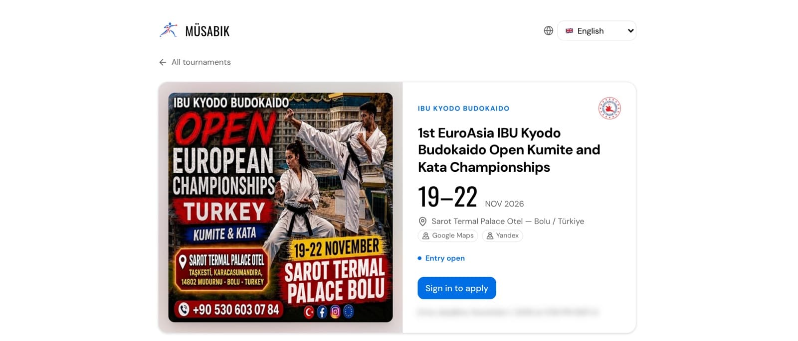 Tournament page with Sign in to apply
