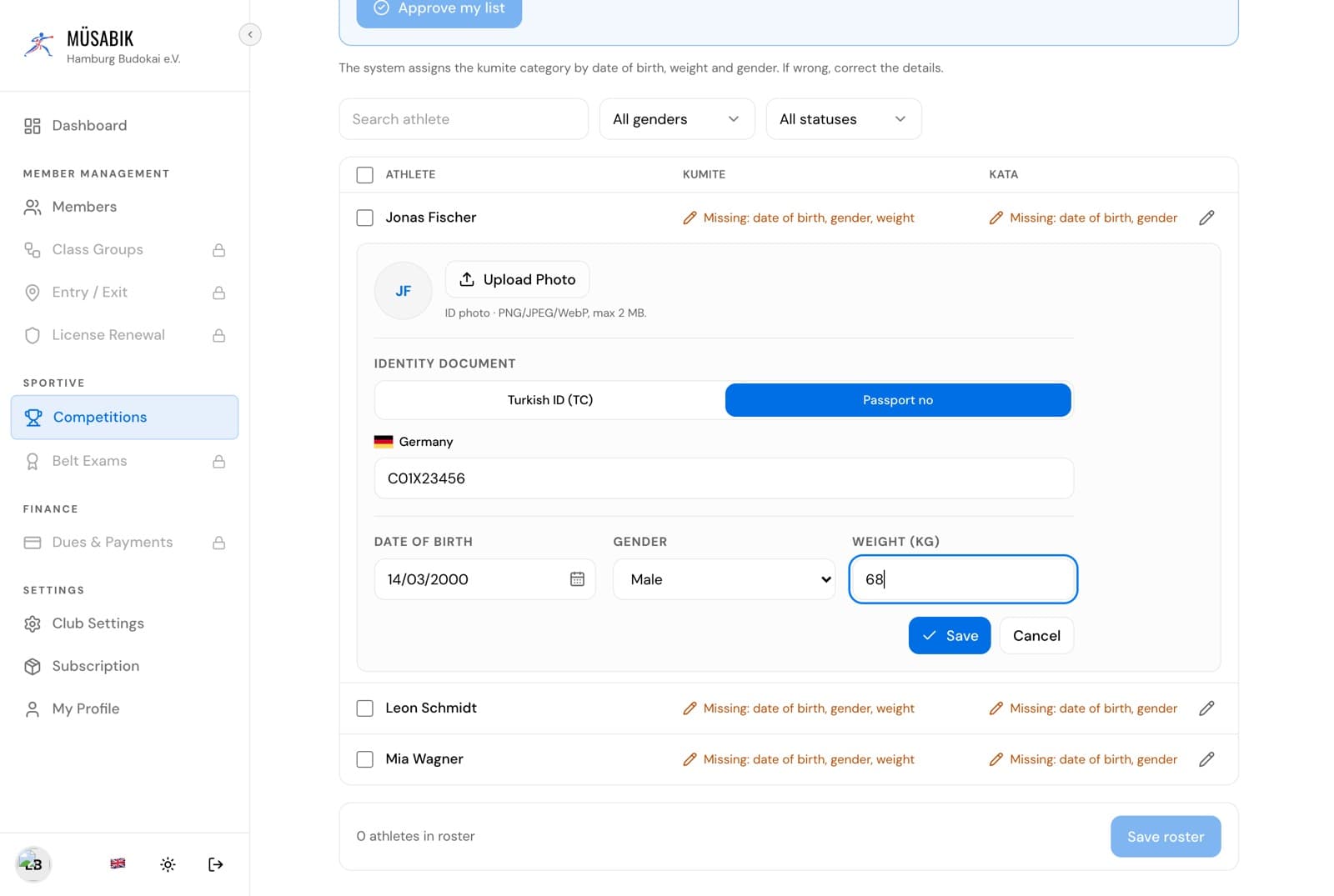 Athlete details on the Athletes tab