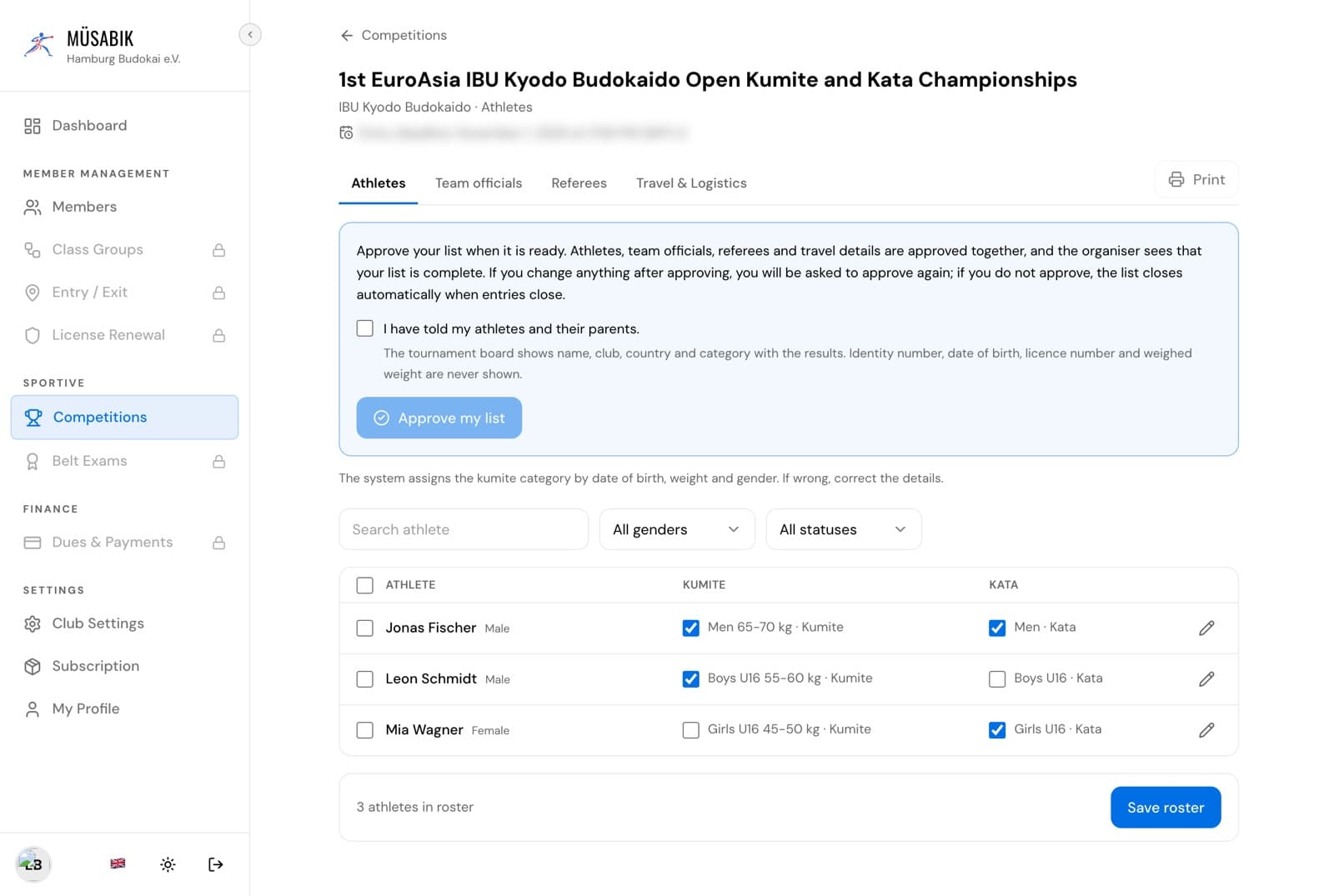 Disciplines ticked with the matching categories