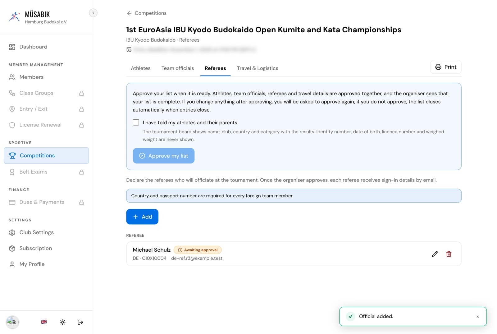 Referees tab with a referee awaiting approval